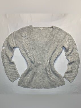 Vintage Y2K Wet Seal Oversized Distressed Knit Sweater Gray V-Neck Women’s Smal